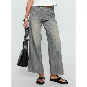 Lifetimes Mid Rise Wide Leg Cargo Jeans Dark Blue Stripe