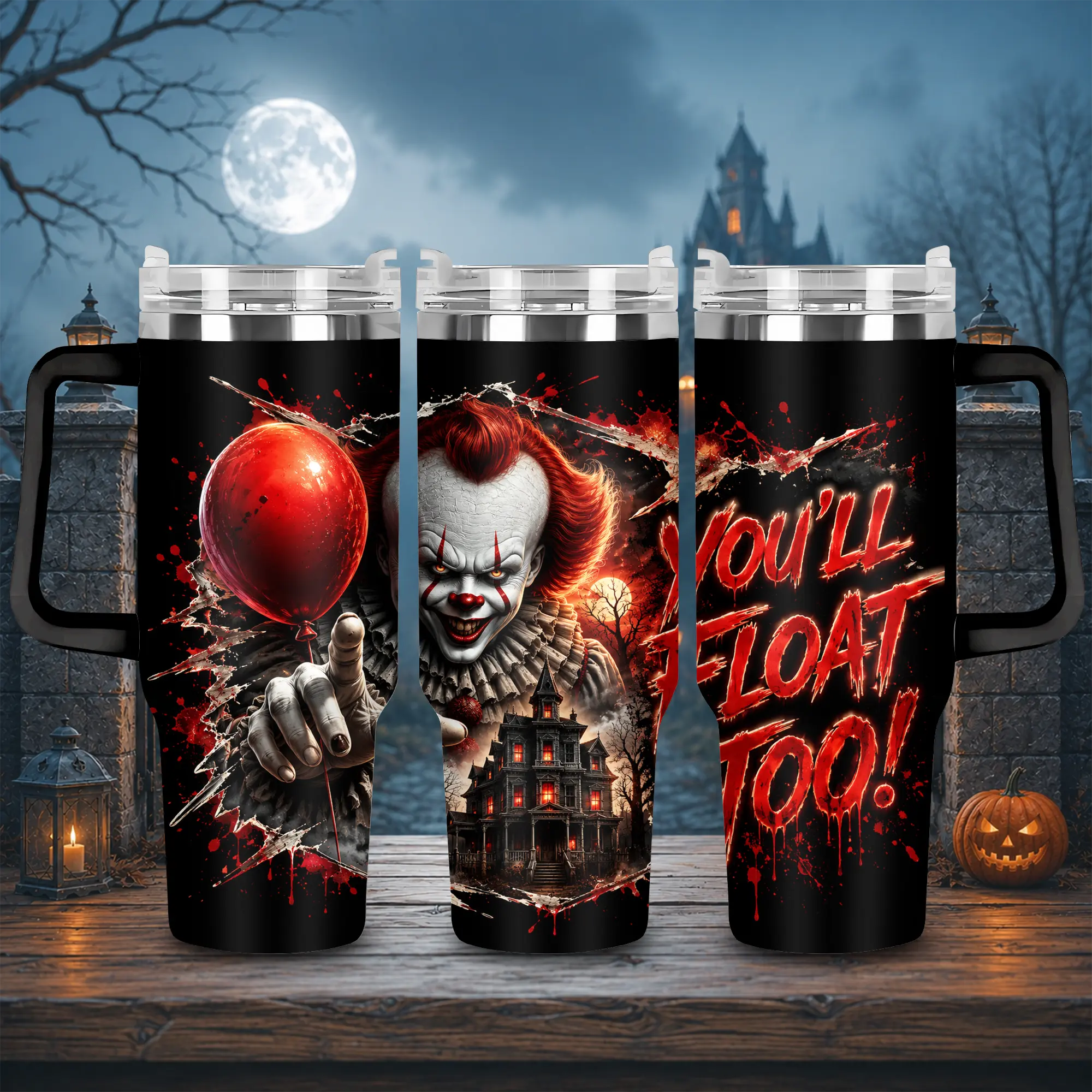 IT 40th Anniversary Pennywise Horror 40oz Tumbler Cup with Handle & Straw, Stephen King’s IT Scary Movie Insulated Travel Mug, Pennywise Dancing Clown Halloween Fan Gift, Creepy Gothic Spooky Season Drinkware