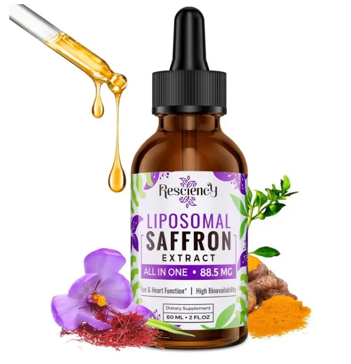 Resciency Liposomal Saffron Supplements Drops 88.5mg – High Bioavailability Liquid Saffron Extract for Mood Support, Energy, Focus & Vision with Ashwagandha, Magnesium, Zinc, B12 & D3, 2 fl oz