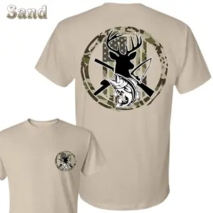 Outdoorsman T-Shirt - Deer , Fish , Knife And Rifle Graphic With Camouflage USA Flag Circle , For Hunting And Fishing Fans , Patriotic Outdoor Wear , Unisex Tee , Lightweight , Casual Style Crewneck Menswear Cotton