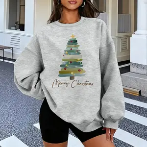 Women's Christmas Pattern Crewneck Sweatshirt - 'MERRY CHRISTMAS' Christmas Tree Print, Gray Cotton Knit Crewneck Sweatshirt, Breathable and Slightly Stretchy
