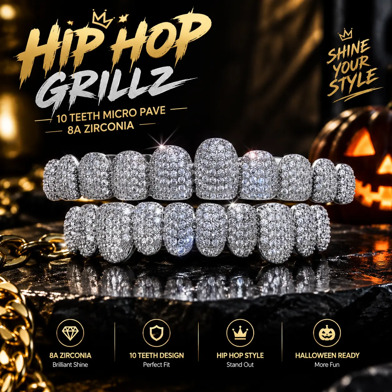 Hip Hop Grillz 10 Teeth, Micro Pave Zirconia Grillz, Brilliant Shine Grillz, Perfect Fit Teeth Grillz, Halloween Grillz Jewelry, 8A Zirconia Hip Hop Grillz, Stand Out Grillz, Rap Grillz Teeth