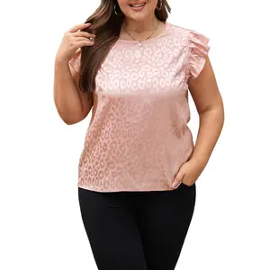 Pink Plus Size Leopard Print Ruffled Flutter Sleeve Satin Blouse