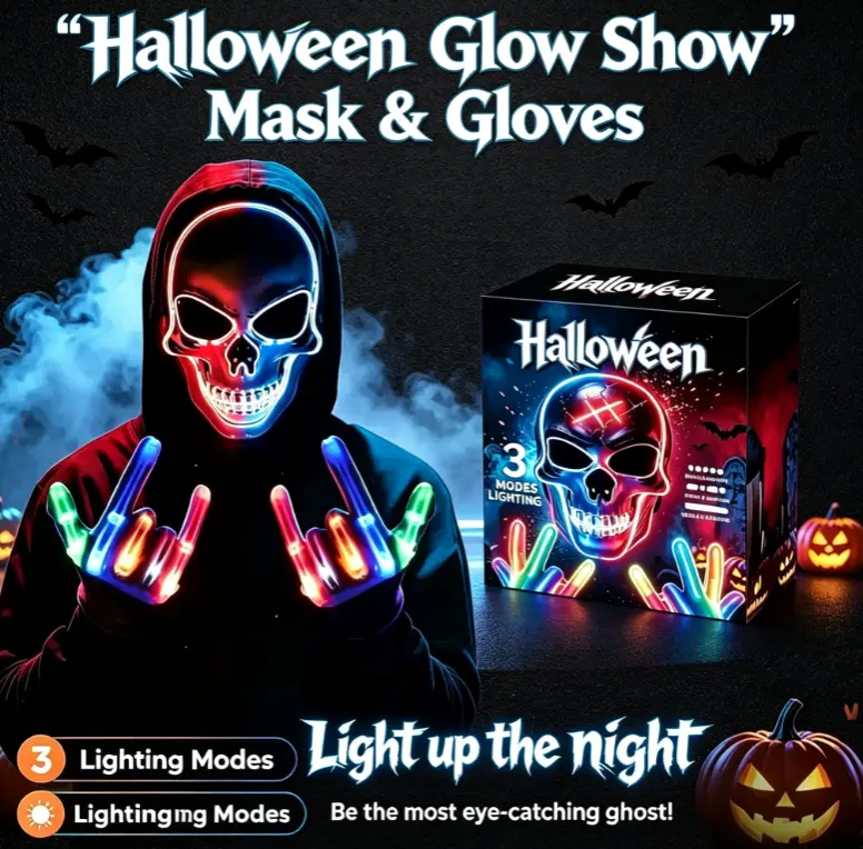 2026 New Halloween LED Mask Scary LED Skeleton Mask Purge Hacker Mask Glow in The Dark Mask for Halloween Costume Party