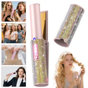 Mini cordless hair straightener, studded with colorful diamonds, portable travel size flat iron, 3 adjustable temperatures for fine hair, USB-C charging, heats up in seconds - perfect for quick styling anytime, anywhere