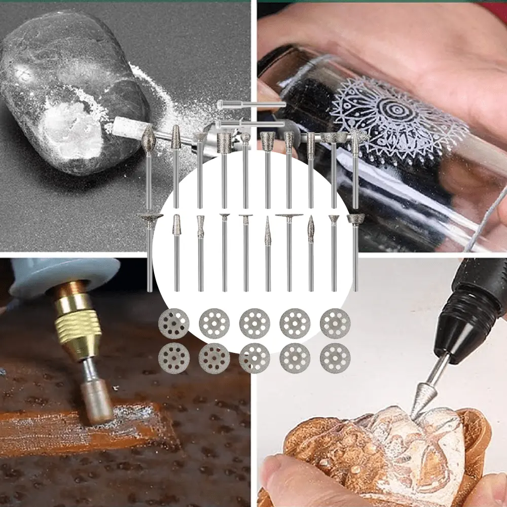 32-Piece Stone Carving Diamond Burr Bits Set, 1/8” Shank Rotary Tool Accessories, Compatible with Dremel Polishing Kits for Carving, Grinding on Stone, Glass, Ceramics