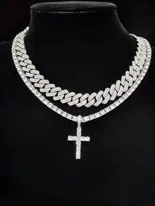 Easter Luxury Rhinestone Cross Pendant Necklace & Cuban Chunky Chain Matching Jewelry Set, Sparkly Streetwear Hip Hop Iced out Jewelry Set for Party, Gorgeous Trendy Accessories Cross Necklaces, Cuban Link Chain