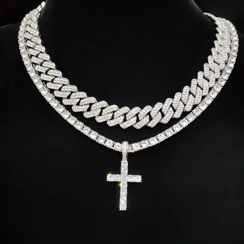 Easter Luxury Rhinestone Cross Pendant Necklace & Cuban Chunky Chain Matching Jewelry Set, Sparkly Streetwear Hip Hop Iced out Jewelry Set for Party, Gorgeous Trendy Accessories Cross Necklaces Chain, Fashion Jewelry Gift