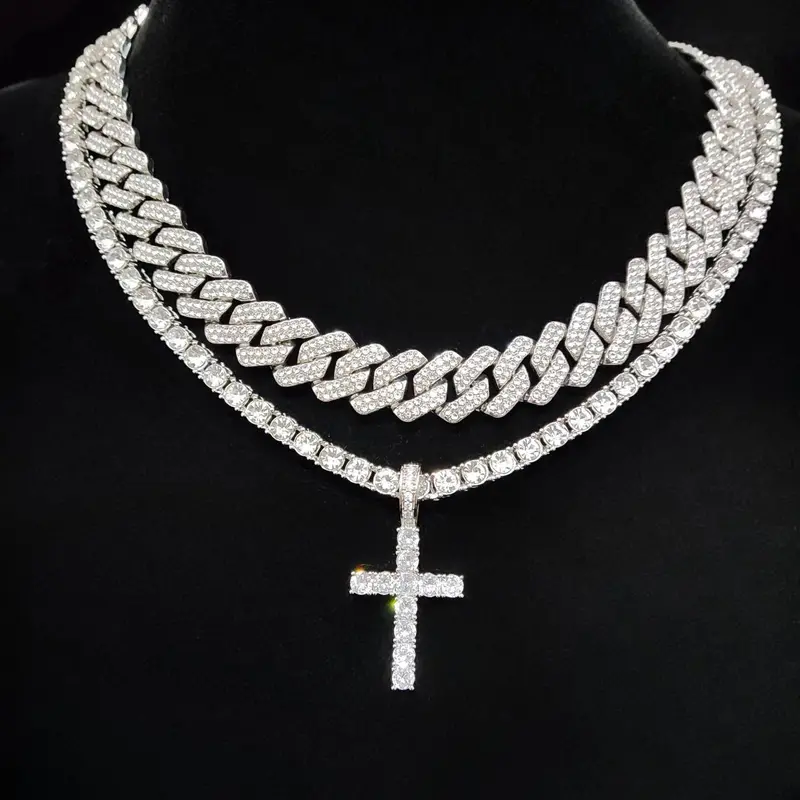 Easter Luxury Rhinestone Cross Pendant Necklace & Cuban Chunky Chain Matching Jewelry Set, Sparkly Streetwear Hip Hop Iced out Jewelry Set for Party, Gorgeous Trendy Accessories Cross Necklaces Chain, Fashion Jewelry Gift