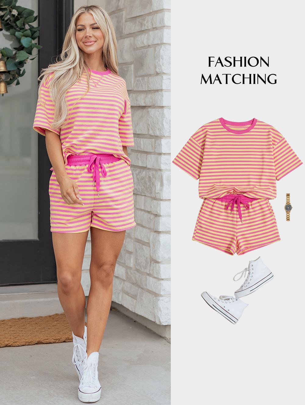 Asvivid Women's Stripe Two Piece Set Drop Shoulder Casual T Shirt & Short Set - 2 Pieces Set Versatile Summer Outfit Clothes