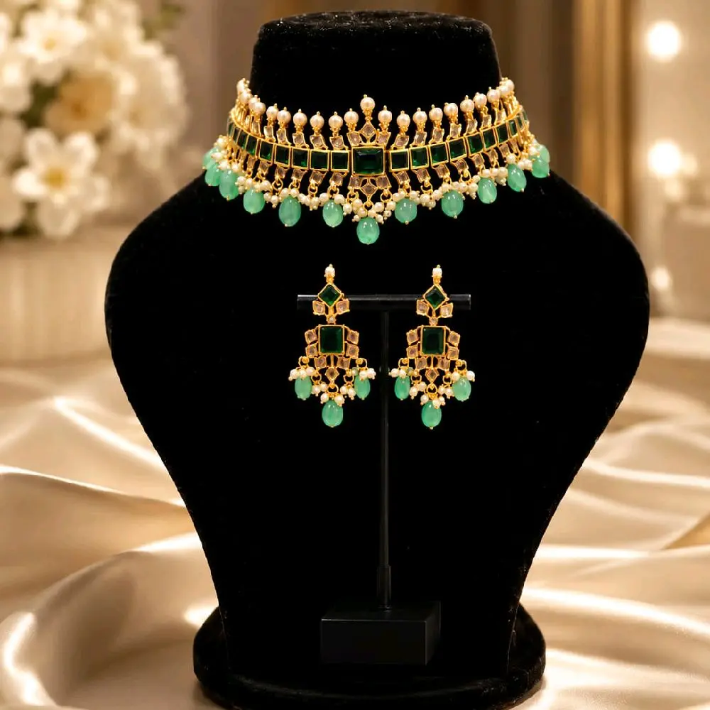 Women's Elegant Matching Jewelry Set - Polki Stone AD Classy Choker & Earrings, Mint-Green Combo