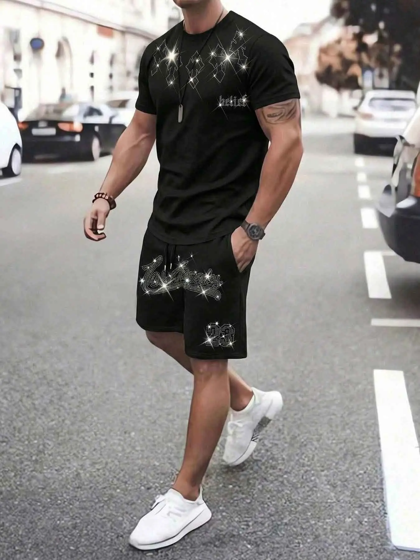 Men's 90s Vintage Rhinestone Script Letter Set, Black Cross Print Casual Graphic Tee & Drawstring Shorts, Y2K Streetwear menswear Clothes for Street, Party #springsaledeals2026 #summeroutfits #fyp #menstreetwear