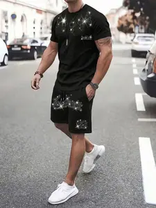 Men's 90s Vintage Rhinestone Script Letter Set, Black Cross Print Graphic Tee & Drawstring Shorts, Y2K Streetwear menswear Clothes for Street, Party #springsaledeals2026 #summeroutfits #fyp #menstreetwear