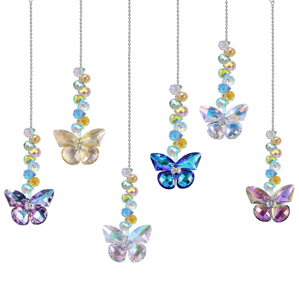 6 pack Hanging Butterfly Crystal Suncatcher, Rainbow Prism Glass Bead Sun Catchers, Colorful Crystal Pendant Window Curtain Decor, Indoor Outdoor Home Balcony Ornament, Housewarming Gift