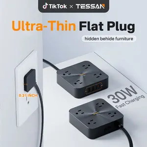 TESSAN Flat Plug Surge Protector Power Strip, 30W Fast Charging Station, 5FT Flat Extension Cord with 4 Outlets & 4 USB C, Wall Mount Compact Desk Charging Station For Office, Dorm, Home Essentials