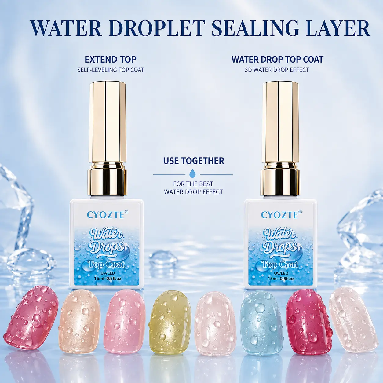 CYOZTE Water Drops Top Coat 2-Bottle Companion Set for 3D Water-Droplet Effects UV LED Compatible 15ml Each