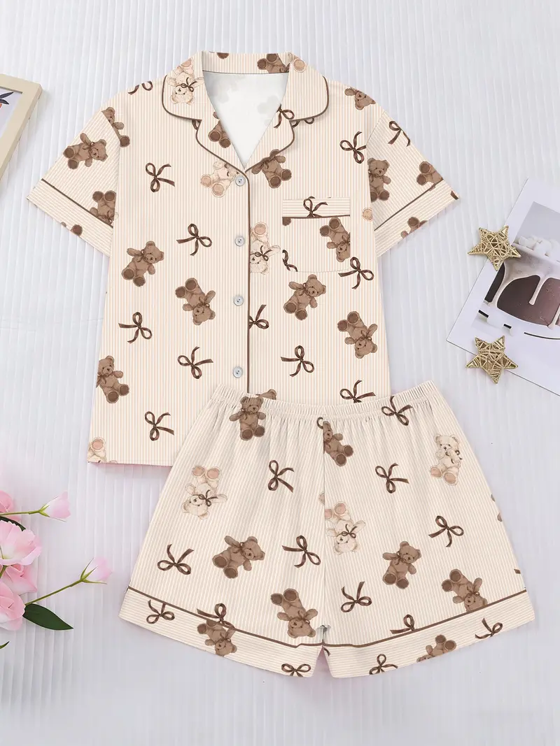 Women's Cute Bear Print Pajama Set, Short Sleeve Top with Tie and Buttons, Elastic Waist Shorts, Casual Comfortable Home Sleepwear
