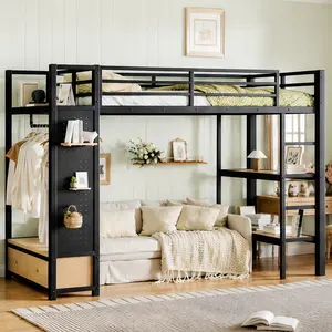 ARCH Twin XL Loft Bed Frame – Built-In Wardrobe, Storage Shelves, Pegboard, Closet & Drawers, Black MDF-Metal Construction, Full-Length Guardrails, Space-Saving Built-In Metal Bed Frames for Bedrooms, Built-In Bed Frames