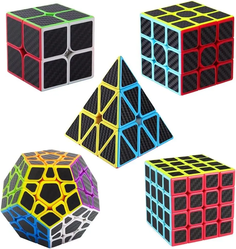 Speed Cube Set, [5 Pack] Magic Cube Bundle of 2x2 3x3 4x4 Megaminx Cube and Pyramid Cube, Smooth Carbon Fiber Sticker Speed Cubes Collection for Kids Teens & Adults