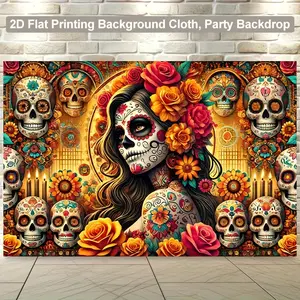 Polyester Wall Banner, 8x6ft - Vibrant Day of the Dead Celebration Fabric Backdrop with Floral Skull Design, Ideal for Living Room, Bedroom, Office & Outdoor Decor, Perfect for Parties and Holiday Gifts, No Electricity Required, Mexican Party Decorations