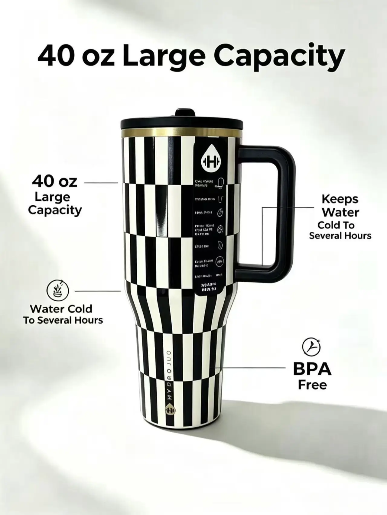 Hydrojug 40oz Stylish Insulated Tumbler with Handle, Black & White Stripe Checkered Pattern, Portable Vacuum Insulated Stainless Steel Water Bottle, Leak-Resistant Flasks, Keeps Drinks Cold/Hot, Fits Car Cup Holders, Large Capacity for Gym Use