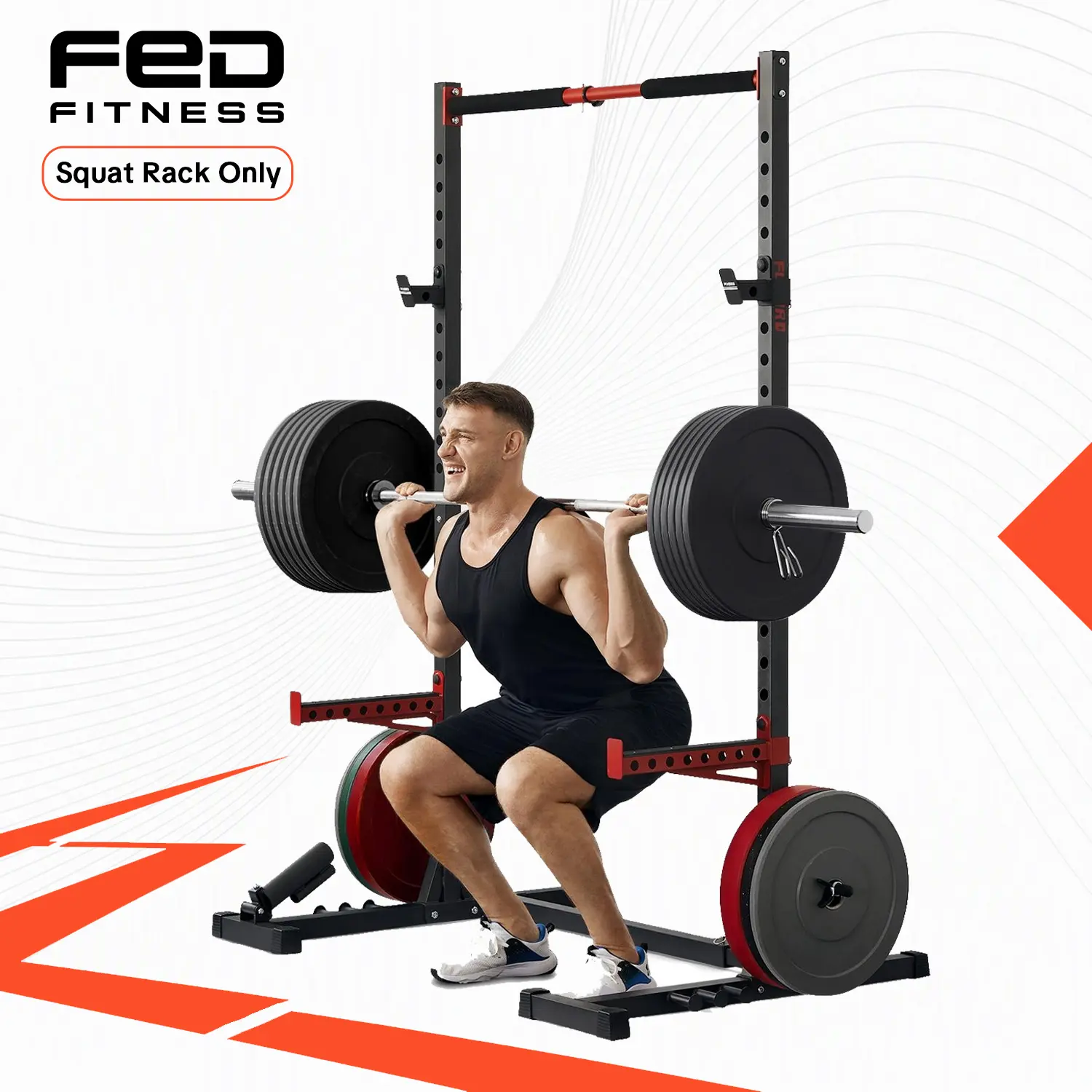 FLYBIRD Series SR1 Squat Rack by FED Fitness - Adjustable Workout Equipment with Pull-Up Bar, Inner Width Adjustability, Soft Foam, High-Quality Steel, Compact Footprint, Fits 6ft-7ft Barbells with Ease for Home Gyms Strength Training