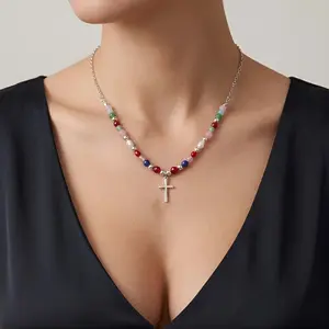Women's Colorful Beaded Cross Necklace Gold Silver Plated Adjustable Chain Trendy Religious Jewelry Gift Waterproof Hypoallergenic stack
