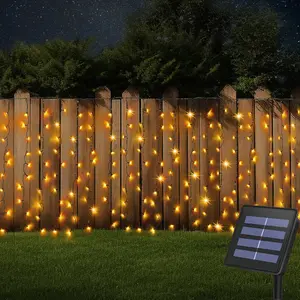 Solar Curtain Lights,13ft x 3.3ft 200 LED Outdoor Solar Curtain Lights Waterproof Green Wire with 8 Mode for Garden Handrail Railing Eaves Wall Decoration -Cool White