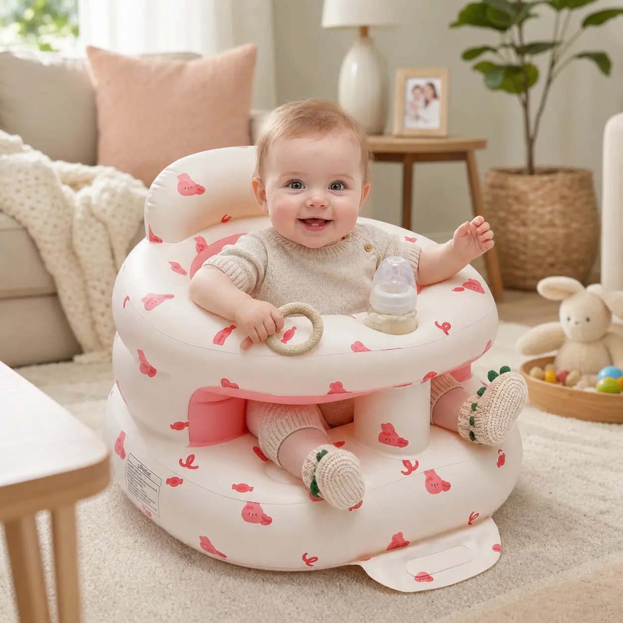 Thicker Upgraded Inflatable Baby Seat for 3-36 Mth, Baby Item with Safety Guardrails & Built-in Air Pump, Anti-Slip Toddler Floor Chair for Tummy Time & Feeding