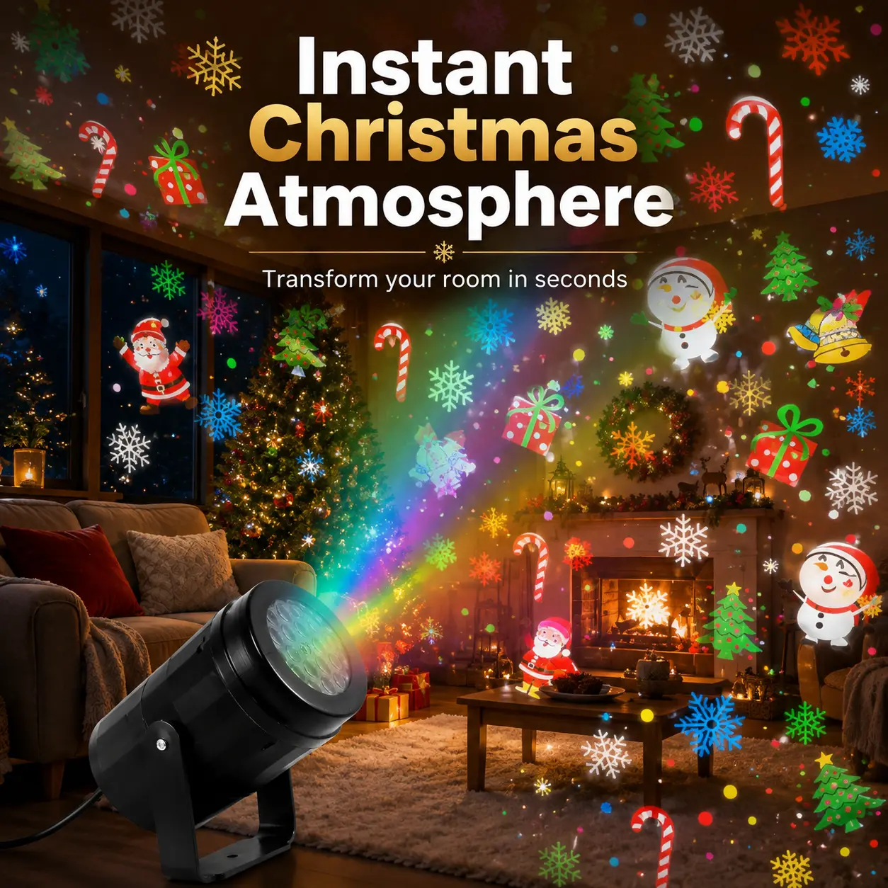 Christmas Pattern LED Projector Light, USB Plug-In RGB Holiday Projection Lamp with Snowflakes, Santa, Reindeer & Gift Patterns, Multi-Color Festive Night Light for Bedroom, Party, Yard & Christmas Decorations, Usb Powered Lamp