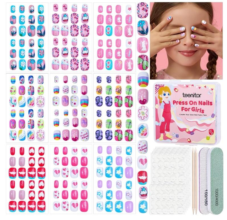Teenitor 216pcs Kids Press On Nails for Girls, 9 Styles of 8-12 Years Girls Press On Nails for Kids, Full Cover Fake Nails for Little Girl, Short Acrylic Nails Set