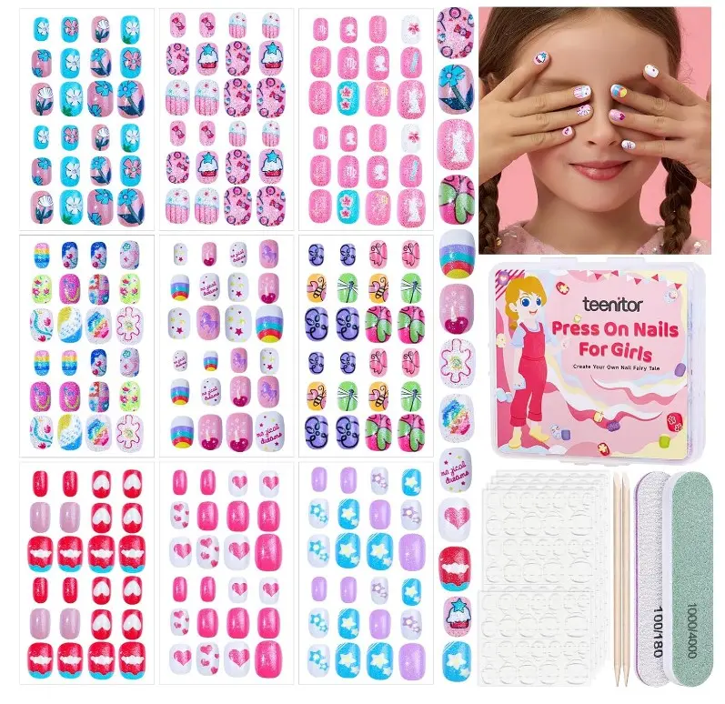 Teenitor 216pcs Kids Press On Nails for Girls, 9 Styles of 8-12 Years Girls Press On Nails for Kids, Full Cover Fake Nails for Little Girl, Short Acrylic Nails Set