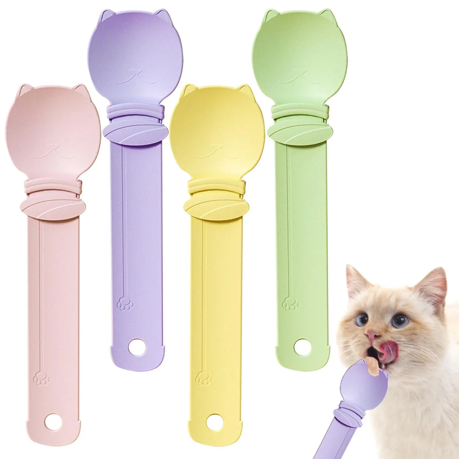 4Pcs Cat Licky Treats & Puree Tubes Spoon, Multifunctional Dispenser for Wet Food, Easy Feeding and Storage with Extra Long Handle Design, Cat Accessories