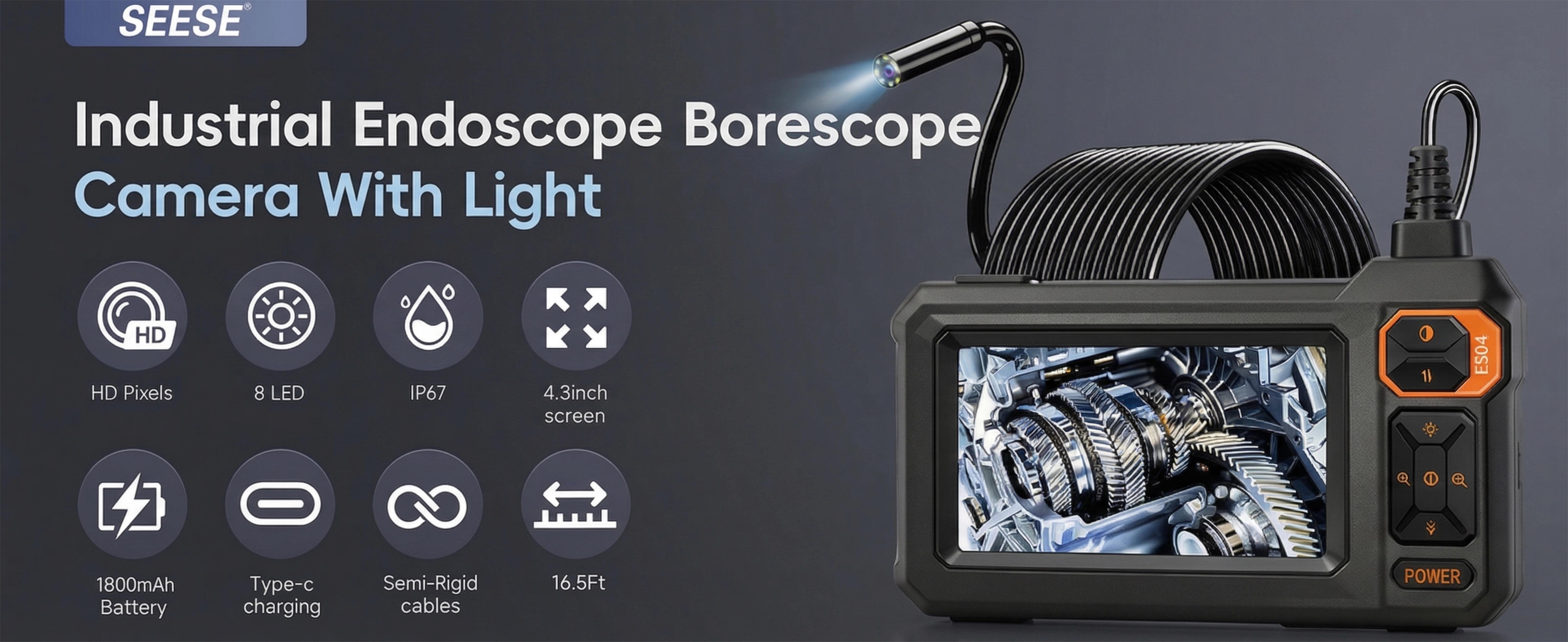 SEESE 16.5FT Borescope Camera with Light, 4.3" HD Screen, Waterproof Endoscope with 8 LED Lights, Semi-Rigid Cable for Sewer, Drain, Pipe Inspection