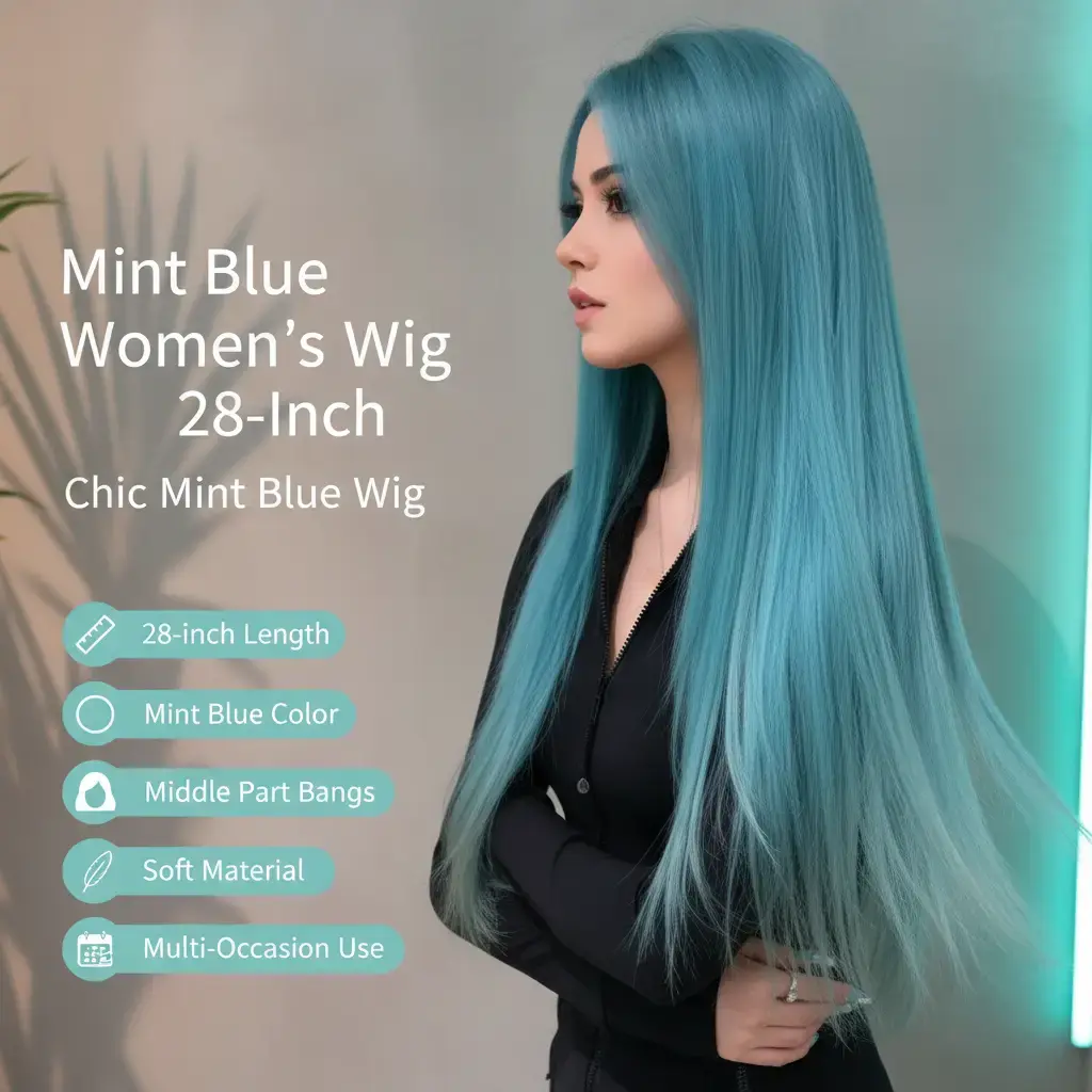 Women's Synthetic Hair Wig - 28-inch Straight Mint Blue, Middle Part Bangs, Natural Soft Texture, Colored Curly Synthetic Costume Wig for Cosplay, Daily Wear, Festival Party, Natural Style, Colored Curly Synthetic Costume Wigs