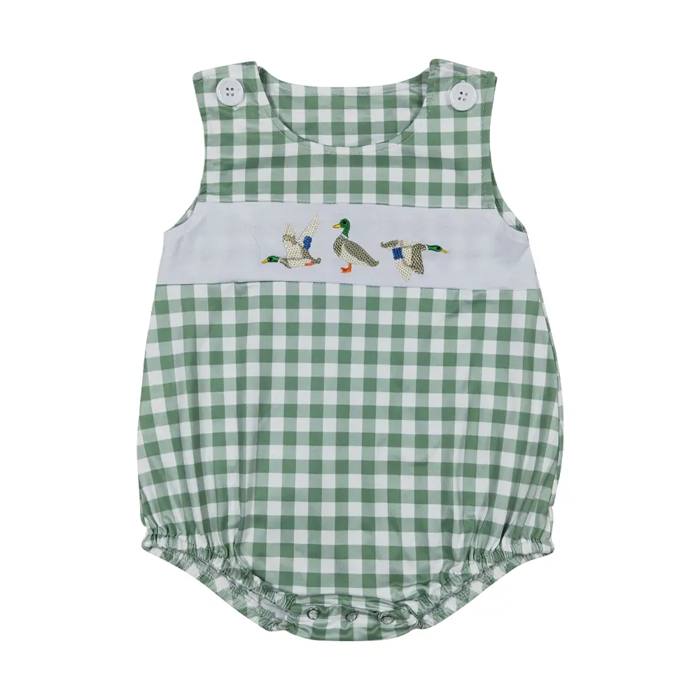 Boys' Cute Green and White Checkered Casual Bodysuit - Kids' Fashion Top with Embroidered Duck Detail, Fitted, 3-6M, Cotton Spandex, Embroidery, Onesie, 0-3M, Sleeveless, Duck Motif