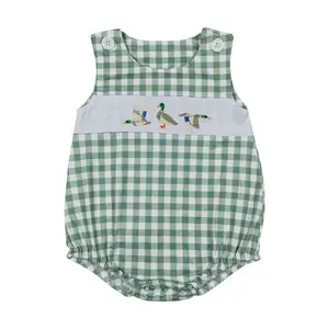 SR1066--Fashion Baby Embroidered Duck Green White Checkered Casual Onesie