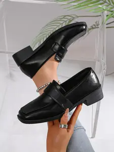 New Low Heel Square Toe Loafers for Women, Vintage Thick Heel Casual Shoes, All Seasons PU Leather Rubber Sole