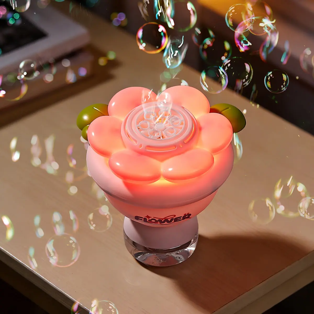 Flower-shaped fully automatic bubble machine with multi-hole bubble dispensing and leak-proof design, featuring LED soft glow night light for outdoor parties and weddings to create a bubble-filled atmosphere Party Bubble Machine