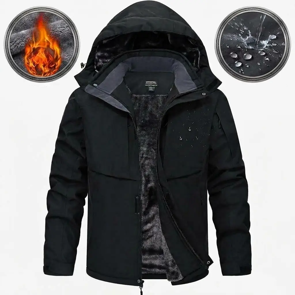 Men’s Plain Polyester Athletic Thermal Windproof Outerwear - Insulated Fleece-Lined Hooded Winter Snowboard Jacket, Waterproof Zippered for Cold Outdoor Activities, Athletic Outerwear