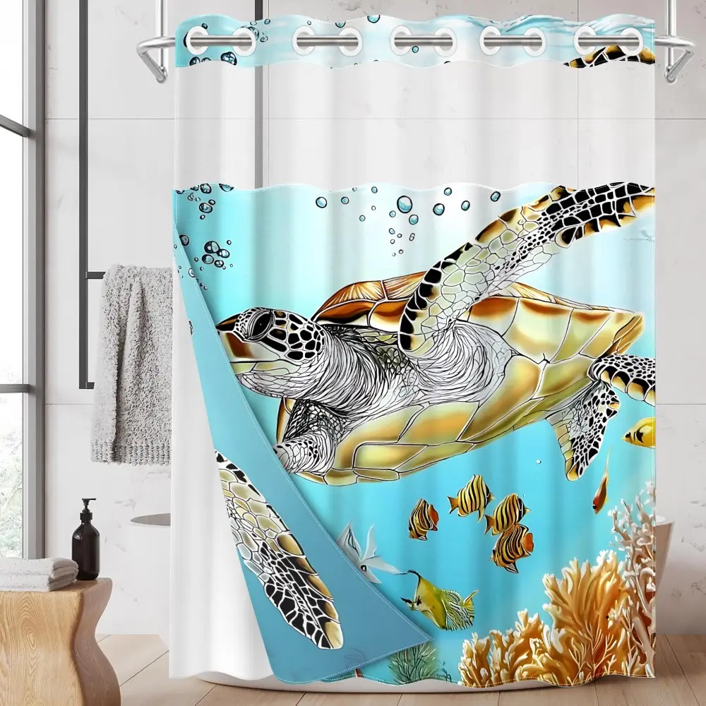 1PC/4PCS 2D Printing Blue and Yellow Sea Turtle Swimming Underwater Patterned shower curtain, home bathroom decor, Aesthetic bathroom decor, shower curtain set with 12 hooks, non-slip bathroom rug, U-shaped toilet seat cover, toilet seat mat