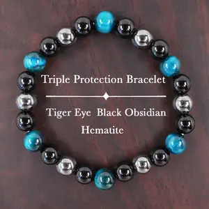 Triple Protection Bracelet Tiger Eye Black Obsidian Hematite Healing Natural Crystal Stone Gemstone Gorgeous Energy Jewelry Souvenir Valentine Anniversary Love Girlfriend Boyfriend Christmas Halloween Birthday Gift New Year