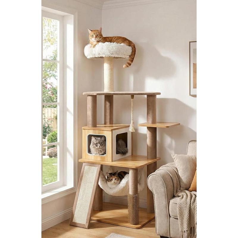 61" Modern Cat Tree Tower for Indoor Cats Luxury Climbing Tower with Plush Lounge Kitty Condos Hammock & Scratching Posts Classic Cat Furniture
