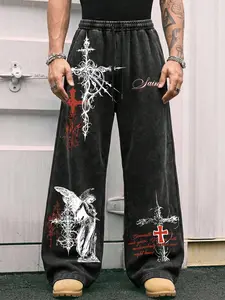 Men's Trendy Y2K Grunge Saint Gothic Cross Angel Wide Leg Pants, Vintage Wash, Thorn Cross Angel Ink Details, Casual Street Style, Casual Streetwear Trousers