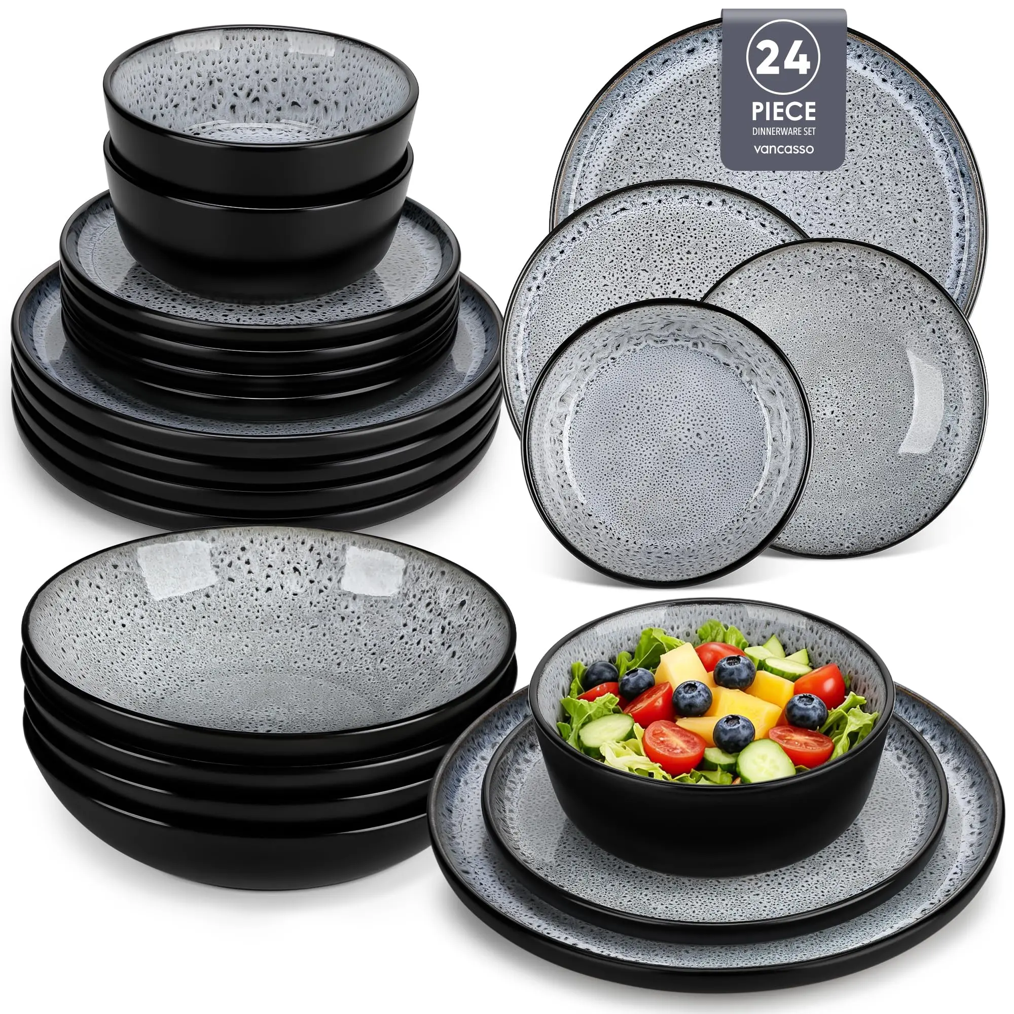 vancasso Bubble 12-24 Piece Stoneware Dinner Set for 4/6, Reactive Glaze Ceramic Plates Bowls and Pasta Bowls Set,, Microwave & Dishwasher Safe