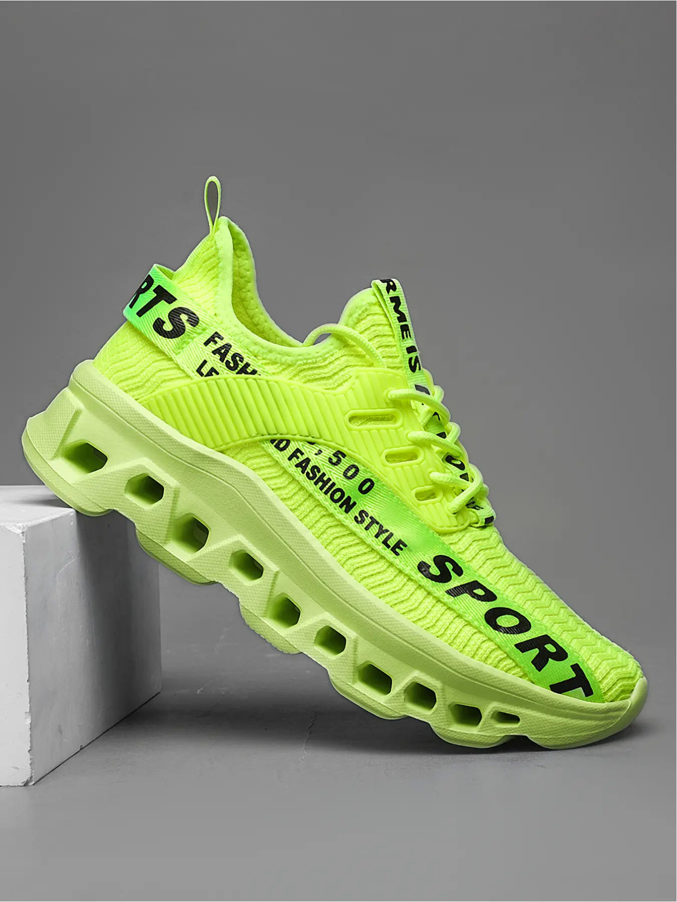 Men's All-Black Plus Size SPORT Logo Flyknit Hollow-Out Sneakers, Cool Sport Style, Flyknit Material + Hollow-Out Cushion Sole + Letter Decoration + Non-Slip Sole, All-Black Versatile, Plus Size Compatible , Ideal for Daily Outfits & Sports Outings