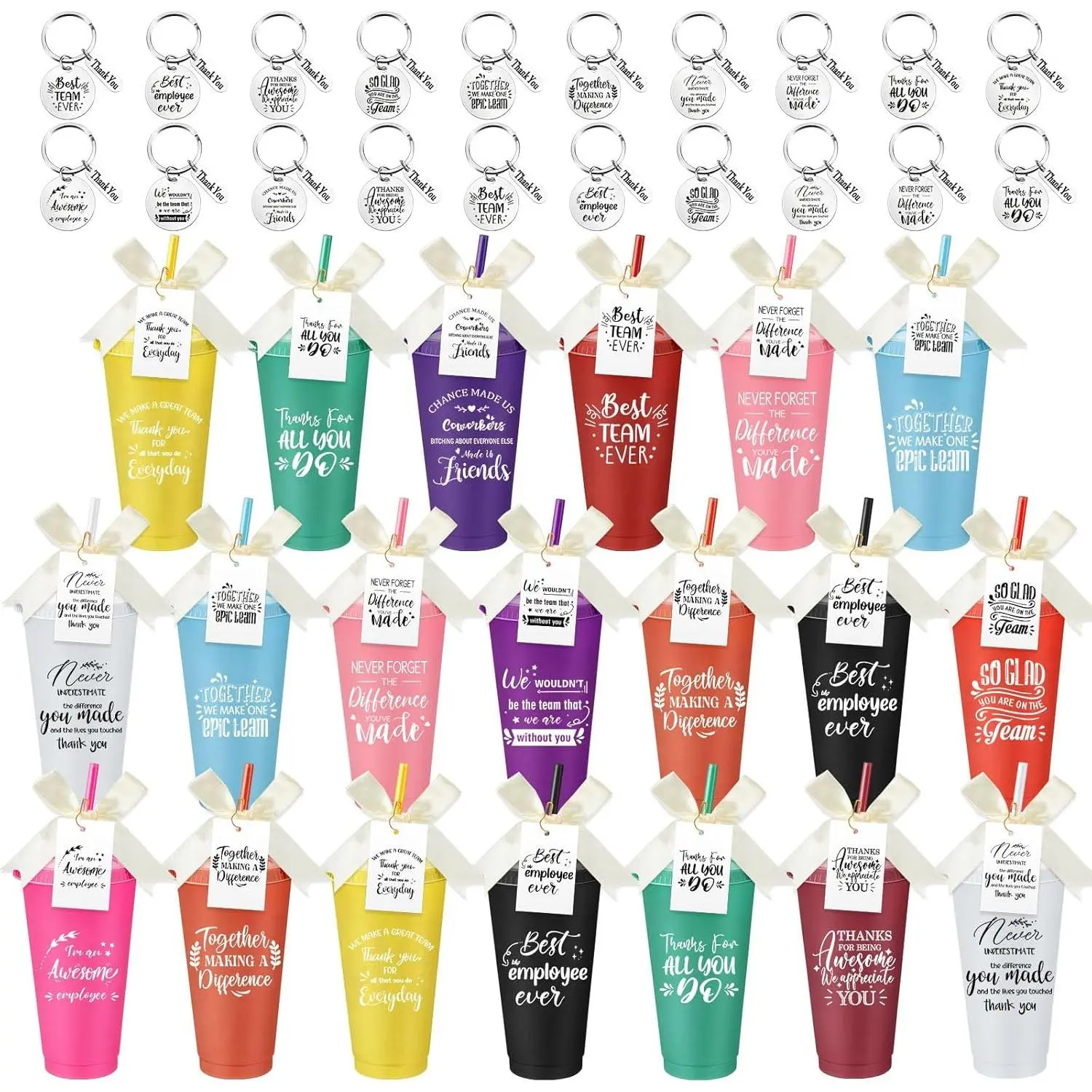 20 Pack Employee Appreciation Gifts Bulk for Housekeeping Week, 24oz Plastic Tumblers with  Straws, Keychains, Thank You  Housekeeper Staff, Teachers, , Coworkers(Teams)