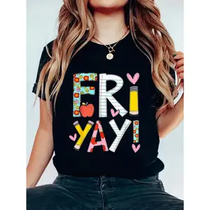 Fri-Yay! Women's Fun Friday Teacher T-Shirt – Colorful Letter Print with Floral & Elements, Soft , Round Neck, Short Sleeve, Stretch Fabric, Casual Summer Top for Teachers &, Event Attire