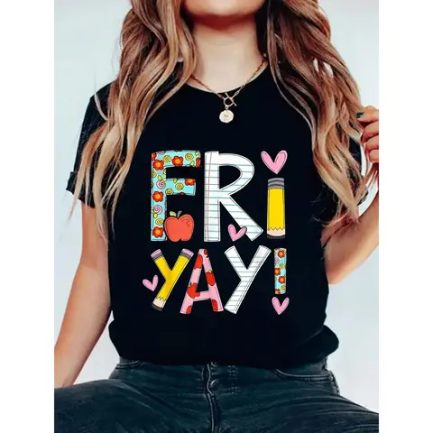 Fri-Yay! Women's Fun Friday Teacher T-Shirt – Colorful Letter Print with Floral & Elements, Soft , Round Neck, Short Sleeve, Stretch Fabric, Casual Summer Top for Teachers &, Event Attire