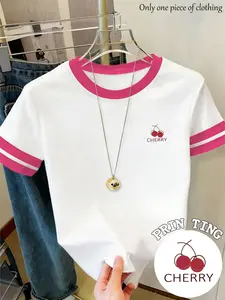 2026 Summer New Colorblock T-Shirt, American Retro College Streetwear Style Cherry Print, Short Sleeve, Round Neck, Casual Loose-Fit, Daily Commute Women's Top
